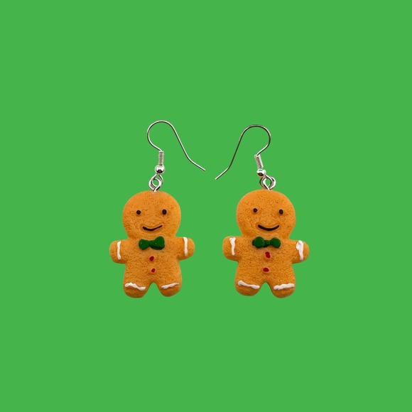 Gingerbread Man Earrings Silver-plated Fish Hook Ear Wires - Picture 4 of 4